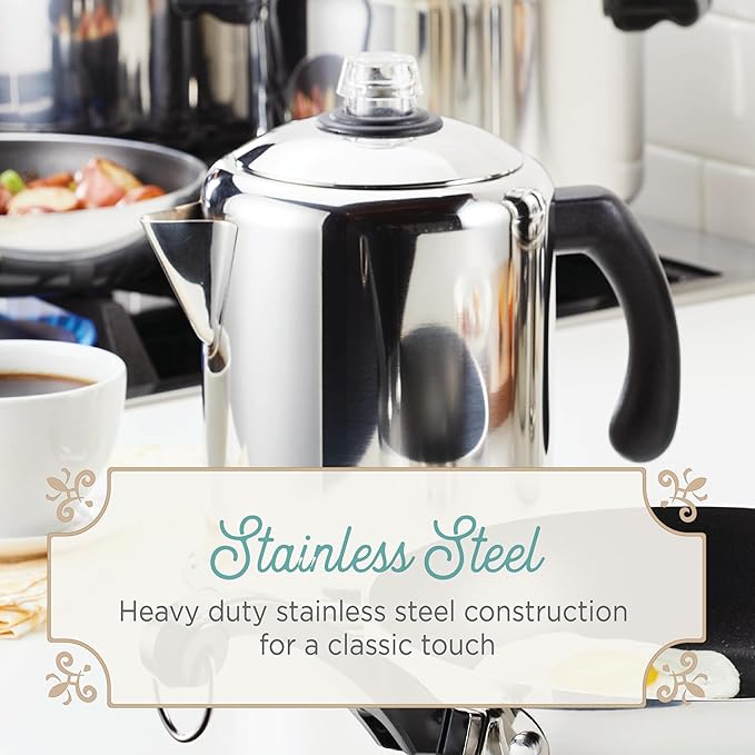 Farberware 50124 Classic Yosemite Stainless Steel Coffee Percolator - 8 Cup, Silver,Stovetop