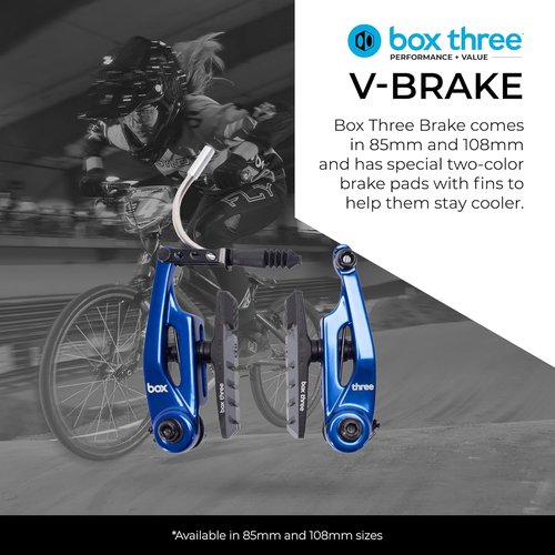 Box Three 108/85 Millimeters V Brakes with Brake Pad Adjustment, Phillips Head Tension Screw, 5mn Allen Key, and Air Flow Brake Shoes with Dual Compound Pads