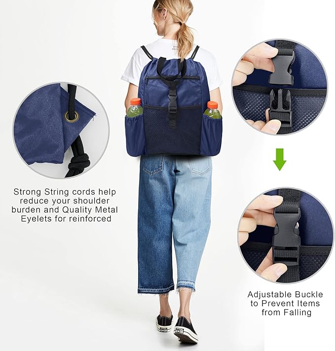 BeeGreen Drawstring Backpack Sports Gym Bag With Shoe Compartment and Two Water Bottle Holder …