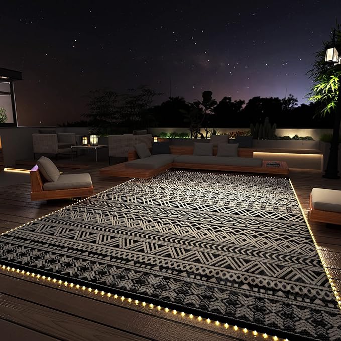 MontVoo-Outdoor Rug Carpet 8x10 ft for Patio RV Camping with Led Strip Lights Waterproof Plastic Straw Rug Reversible Portable Outside Indoor Outdoor Rug Mat for Patio Decor Balcony Picnic-Boho Rug