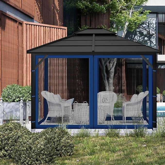 Gazebo Replacement Mosquito Netting Outdoor Universal Gazebo Canopy 4-Panels Screen Sidewalls with Zipper for Patio Garden (Navy Blue, 10x12)
