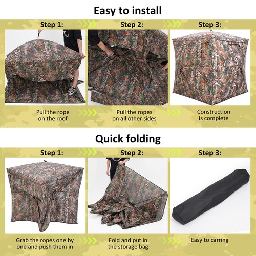 Portable Hunting Blind 270° See Through with Carrying Bag, 2-3 Person Pop Up Ground Blinds with Silent Zipper Door & Sliding Windows, Resilience Hunting Tent for Deer & Turkey Hunting