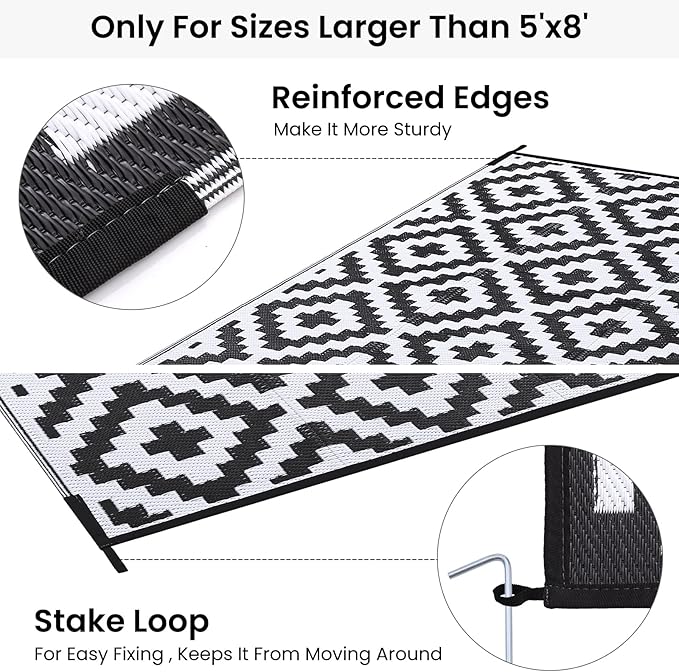 Smiry Waterproof Outdoor Rug 8x10 ft, Reversible Plastic Straw Patio Camping Rugs, Outdoor Indoor RV Mat Carpet for Patio, Outside Entry, Backyard, Deck, Bench, Picnic, Camper, Black & White