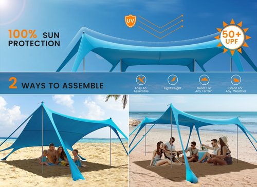 Beach Tent Sun Shelter, Portable Sun Canopy UPF50+ Outdoor Shade with 4 Stability Poles and 8 Sandbags, 10 x 10ft, Sand Shovel, Ground Pegs and Carry Bag for Beach, Camping, Fishing, Picnics
