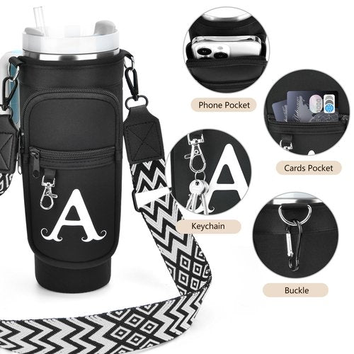 LOKASS Water Bottle Holder with Strap for Stanley Cup 30 oz Tumbler with Handle, Personalized Initial Gift, Water Bottle Carrier Bag with Phone Pocket & Carabiner for Stanley Cup Accessories