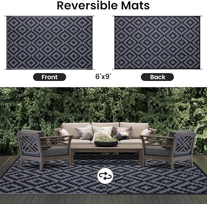 Smiry Waterproof Outdoor Rug 6x9 ft, Reversible Plastic Straw Patio Camping Rugs, Outdoor Indoor RV Mat Carpet for Patio, Outside Entry, Backyard, Deck, Bench, Picnic, Camper, Black & Grey