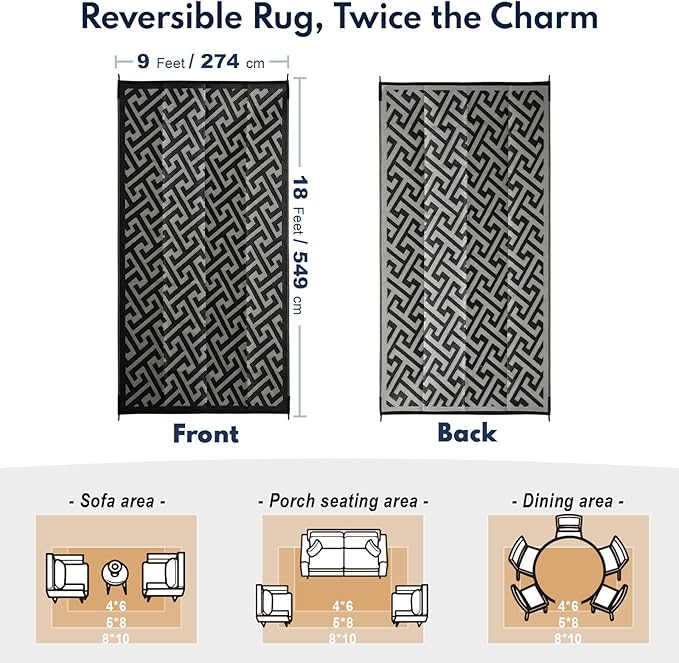 Waterproof Outdoor Rug 9x18 ft, Reversible Plastic Straw Rug, Easy to Clean Patio Rug, Portable Carpet for Patio, RV, Deck, Balcony, Backyard, Picnic, Beach, I-Shaped, Black
