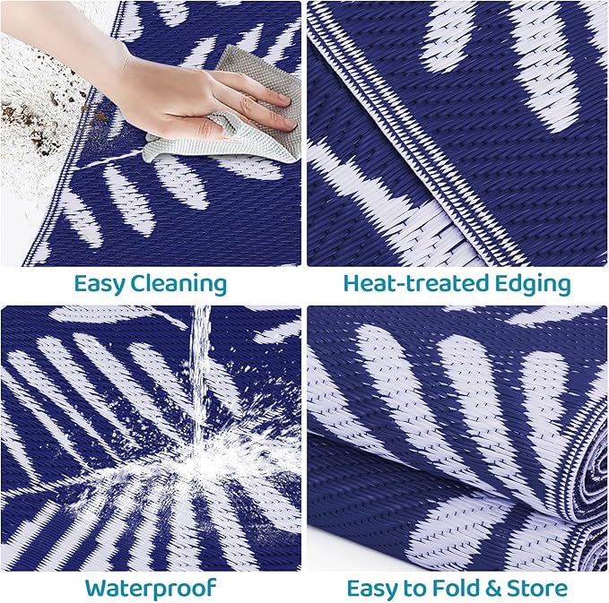 StepRite Outdoor Rug, Patio Rug, Plastic Straw Camping Rugs, Large Waterproof Area Rug and Mat for Outdoors, RV, Patio, Backyard, Deck, Porch, Beach, Balcony, (5'x 8', White & Blue)