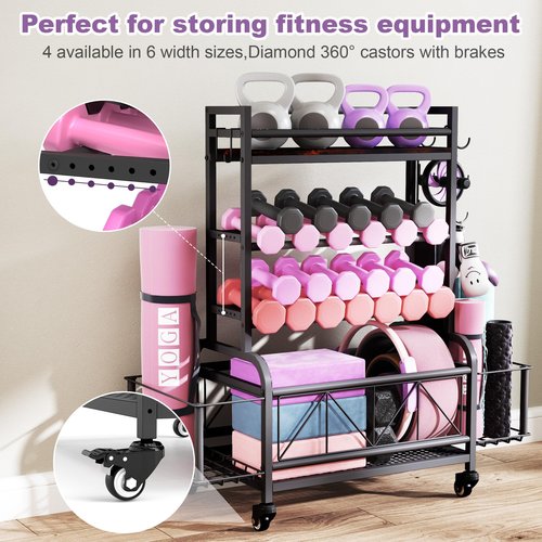 Qriocioa Dumbbell Rack, Home Gym Storage, Gym Storage Rack with Hooks and Wheels,Gym Equipment Storage,Weight Rack for Dumbbells for Organizing Yoga Mats, Kettlebells,Dumbbells, Foam Rollers and ball
