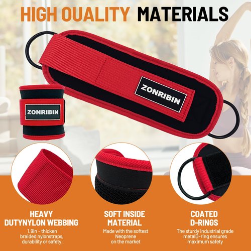 ZONRIBIN Ankle Resistance Bands with Cuffs,Ankle Strap for Cable Machines and Resistance Bands, Glute Workouts - Kickbacks, Leg Extensions, Hip Abductors (Red, Ankle Strap)