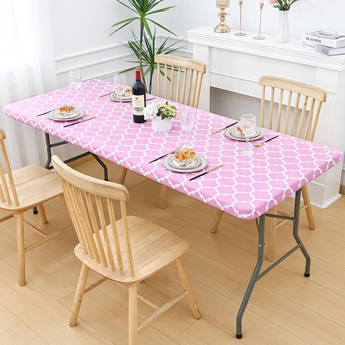 Smiry Rectangle Picnic Table Cover, Waterproof Elastic Fitted Camping Tablecloths for 4 Foot Tables, Wipeable Flannel Backed Vinyl Tablecloth Protector for Indoor, Outdoor (Pink, 30x48 Inches)