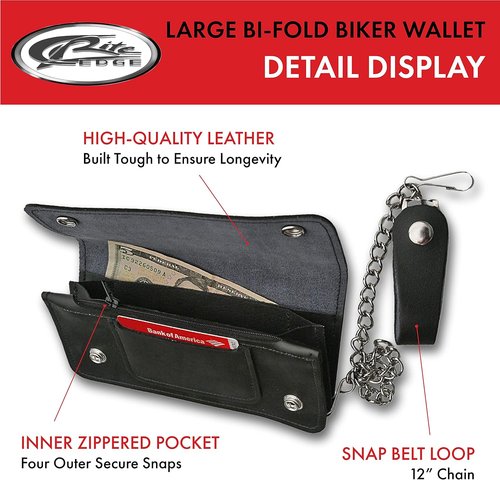Large Black Bi-Fold Biker Wallet - 8x3.75 Inch, Durable Leather Design