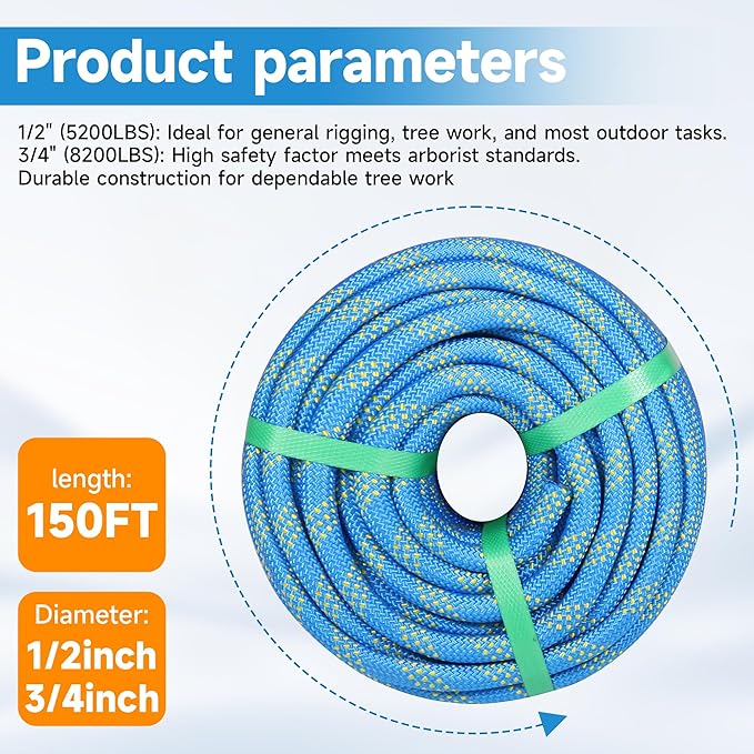 Rigging Rope 1/2 in x 150 Ft Double Braided Polyester Rope Polyester Braided Arborist 48 Strands for Various Outdoor Applications Construction Climbing Swing Sailing (Blue, 3/4X150FT)