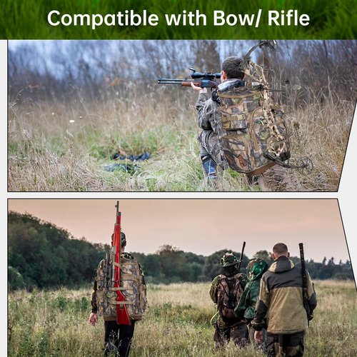 OUUTMEE Hunting Backpack with Waterproof Rain Cover, Self Standing Hard Bottom, 50L Camo Hunting Day Pack for Bow Rifle Gun