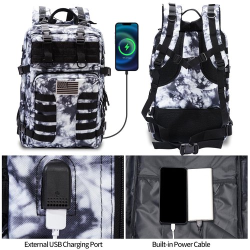 Ksttog Military Tactical Backpack - 45L Large Assault Tactical Backpacks Molle Hiking Pack 3 Days Bug Out Bag - Waterproof Army Rucksack Tactical Gear for Camping/Traveling/Gym/Fishing- Black/White
