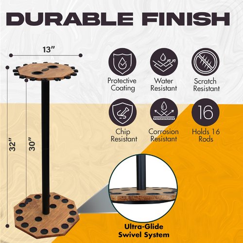 Rush Creek Creations 16-Rod Round Fishing Rod Holder for Garage, 360° Access Fishing Pole Holder for Fishing Rods, Reels, Gear, and Accessories, Securely Holds 16 Rods, Wood Grain