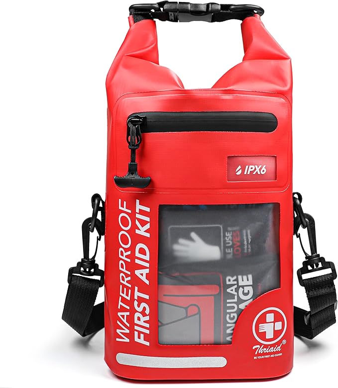 THRIAID 250 PCS Waterproof First Aid Kit, Roll Top Reflective Boat Dry Bag Bug Out Bag, Emergency Medical Kit Ideal for Boating, Camping, Fishing, Kayaking, Floating, Red