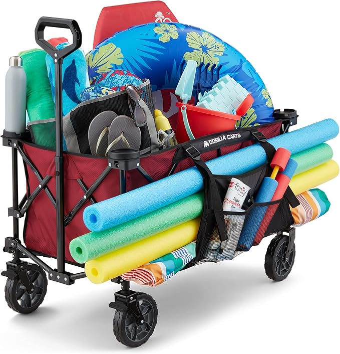 Gorilla Carts Foldable Wagon, Heavy Duty Collapsible Cart with Wheels, 7 Cu Ft, Red