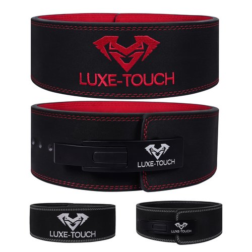 LUXE-TOUCH. 10mm Premium Leather Lever Belt, Squats Deadlifts Bodybuilding Weight Lifting Powerlifting Lever Gym Belt. Lower Spine Support Leather Belt. Premium Quality Belt with Stainless Steel Lever (Red, Medium (32" - 36"))