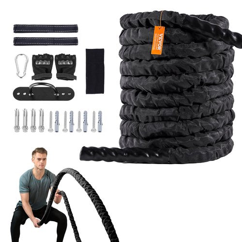 VEVOR Battle Rope - 1.5 Inch Diameter, 30Ft Length Polyester Exercise Rope with Protective Sleeve & Anchor for Home Gym Core Strength Training