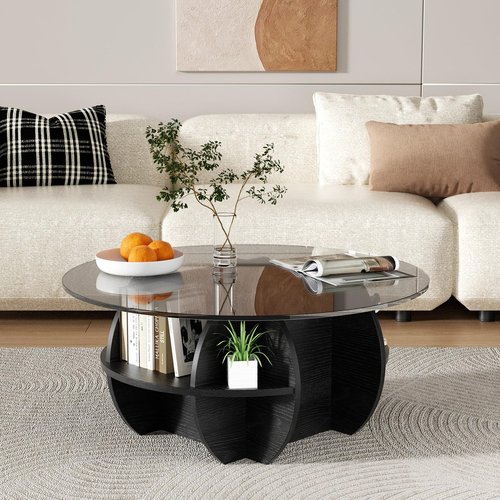 Round Coffee Table, Modern Coffee Table Glass Top with Solid Wood Base, Large Rustic Circle Center Cocktail Table Unique Accent Glass Coffee Table for Living Room (Round)
