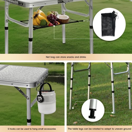 pollilar Small Camping Table 2Ft Folding Table 3 Adjustable Height Portable Lightweight Table Aluminum Fold Up Dining Table for Picnic,Beach BBQ,Cooking, Bed Working Outdoor & Indoor
