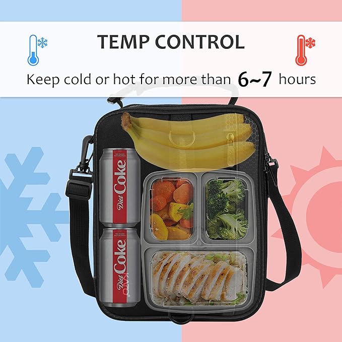Expandable Insulated Lunch Bag, Leakproof Flat Lunch Cooler Tote with Shoulder Strap for Men and Women, Suitable for Work & Office by Tirrinia, Black