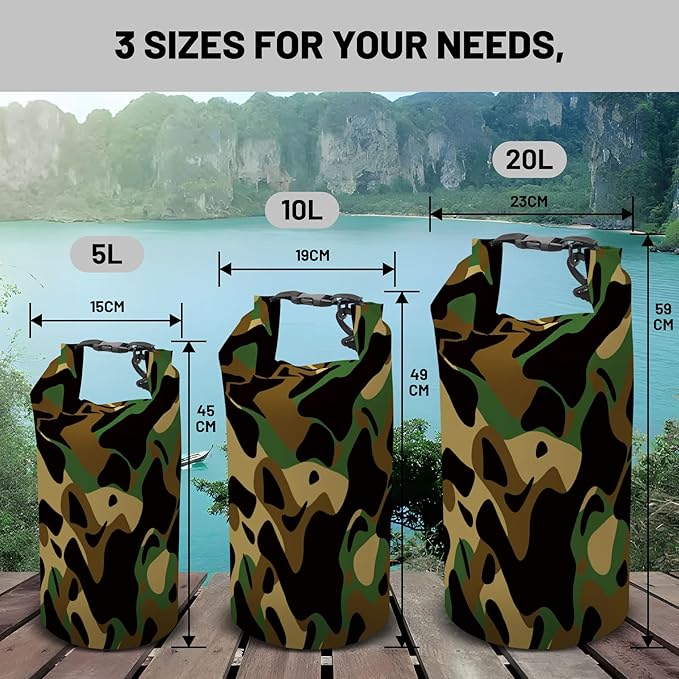 Waterproof Dry Bag,Roll Top Grey Camouflage Small Waterproof Backpack 5L/10L/20L Floating and Lightweight Bags for Kayaking, Boating, Fishing, Swimming and Camping with Waterproof Phone Case