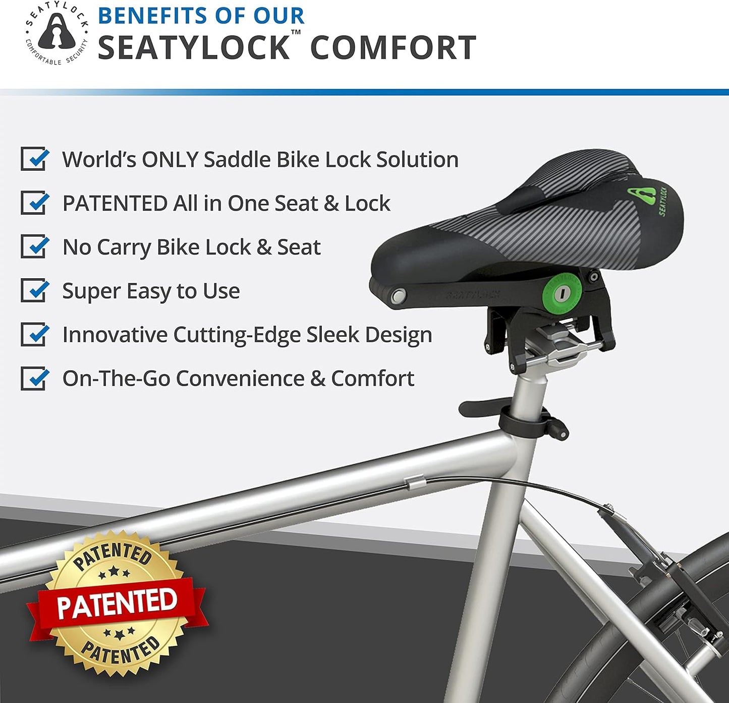 SeatyLock Hybrid Saddle Bike Lock - Multi Patent 2 in 1 Locking Bike Doubles As Seat or Bicycle Guard - Innovative Lightweight Anti Theft Bicycle Lock and Saddle with Keys