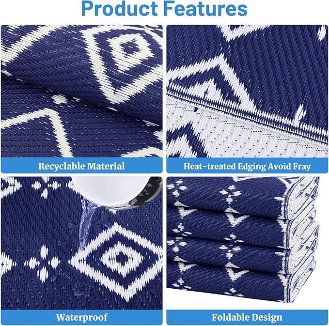 StepRite 8’ x 10’ Reversible Outdoor Rug, Waterproof Plastic Straw Rug, Patio Rug, Large Modern Area Rug Carpet, Indoor Outdoor Rugs for Camping, Porch, Deck, Balcony, Backyard, RV, Picnic(Blue)
