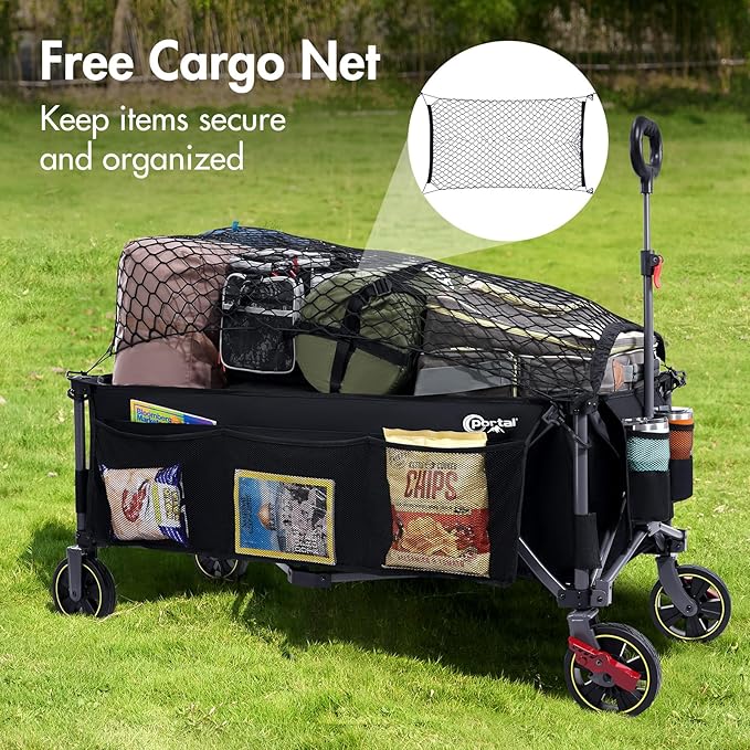 PORTAL 51.2" Long Wagons Carts Foldable with Brakes, Large Foldable Wagon with Cargo Net, Side Pocket, Cup Holders, 350 LBs Heavy Duty Utility Grocery Wagons for Sports, Camping