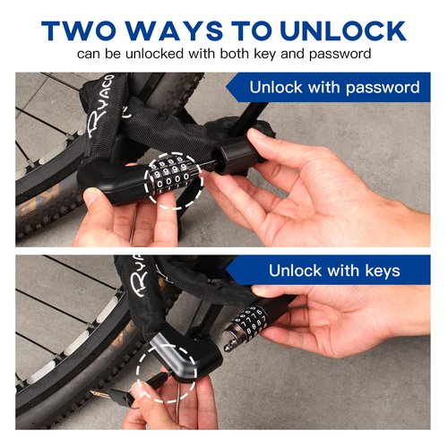 RYACO Bike Chain Lock, Bike Lock with 2 Ways to Unlock,4 Digit Combination Heavy Duty Anti-theft Bicycle Lock with 2 Keys and Carabiner, 3.2Ft High Security Bike Motorcycle Gate Door and Scooter Locks