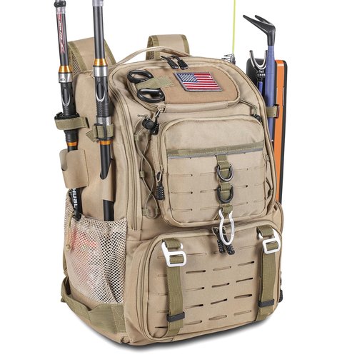 Bagenerous 39L Fishing Tackle Backpack with Rod Holders & Cooler,Water-resistant Fishing Gear Storage Bag with Protective Rain Cover,Khaki