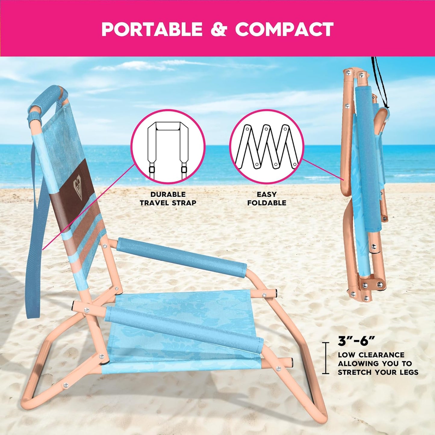 ROXY Beach Chair – Lounge Chair Outdoor, Lightweight Folding Chair with Adjustable Recline and Cup Holder – Beach Days, Pool Lounge Chairs, Folding Camping Chairs, Sun Tanning Chair or Festival