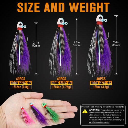 Dovesun Crappie Jigs, 40pcs Hand-Tied Hair Jigs 10 Colors Fishing Jigs 1/8oz Bucktail Crappie Jig Heads for Trout, Walleye and Panfish Fishing
