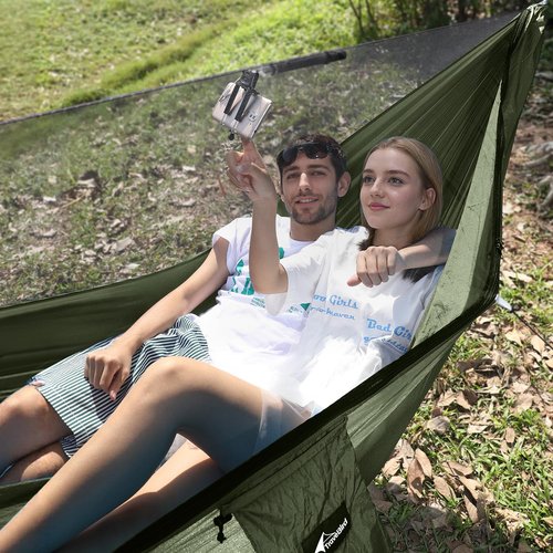 Travel Bird Camping Hammock with Mosquito Net and Ridge Rope, Extra Large for 2 Person, Lightweight Hanging Hammocks Tree Straps, All-in-one Fast Open Hammock for Outside, Hiking, and Travel