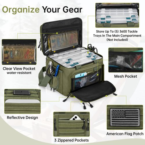 FREEAMG Fishing Tackle Bags - Saltwater & Freshwater Fishing Bag - Padded Shoulder Strap Fishing Bags - Gear Storage for Tackle Box (Green) (Does not come with box)