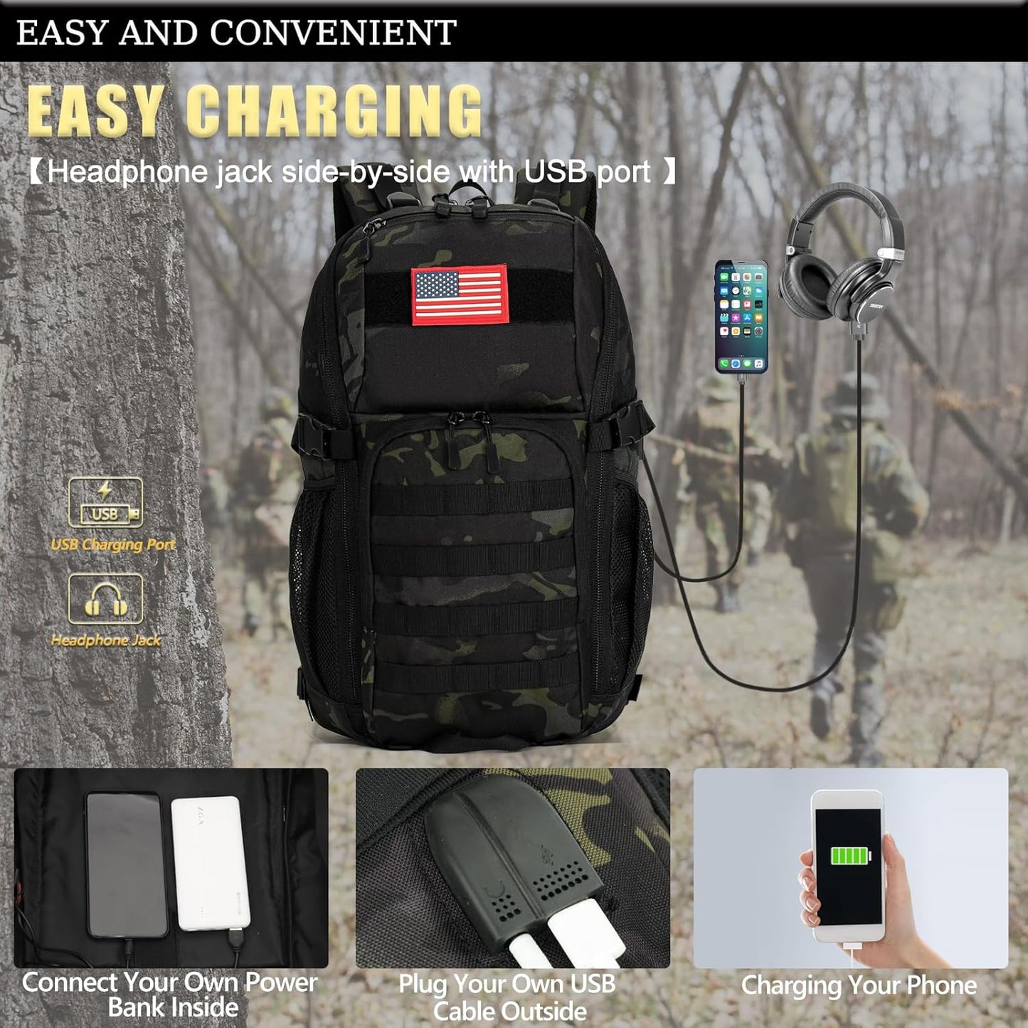 outdoor plus Camo Backpack,Military Boys Backpacks for School,40L Army Bookbag with USB Charging Port Waterproof