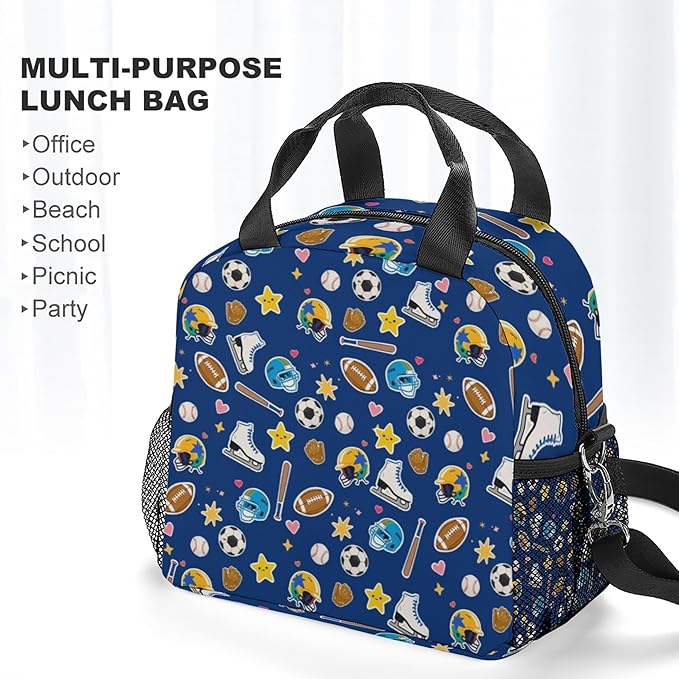 Lunch box Kids,Insulated Cat Lunch Bag Cute Small Pink Lunch Totebag Reusable Leakproof Corgi Lunch Bag With Shoulder Strap for Girls Boys Women School Work Picnic (blue baseball)