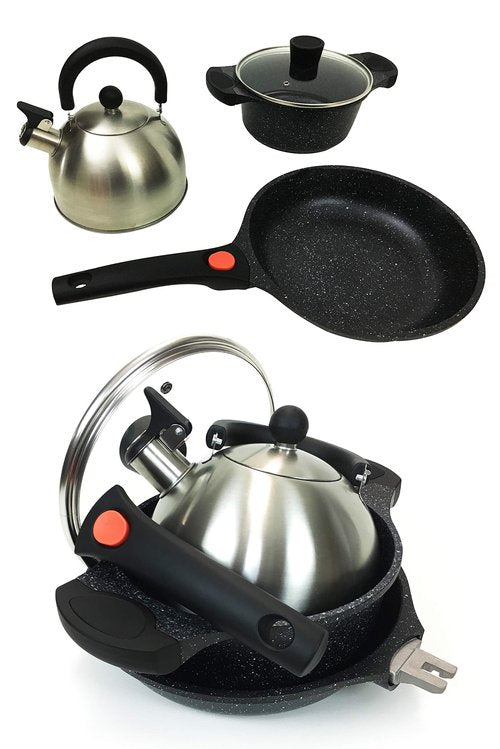 UNPLUG Camping Cooking Set | Cast Aluminum Camping Pots and Pans Set | Nonstick Triple Marble Coated Camping Cookware | Stainless Steel Retro Whistling Camping Kettle| Ideal Gas Stove Camping Mess Kit