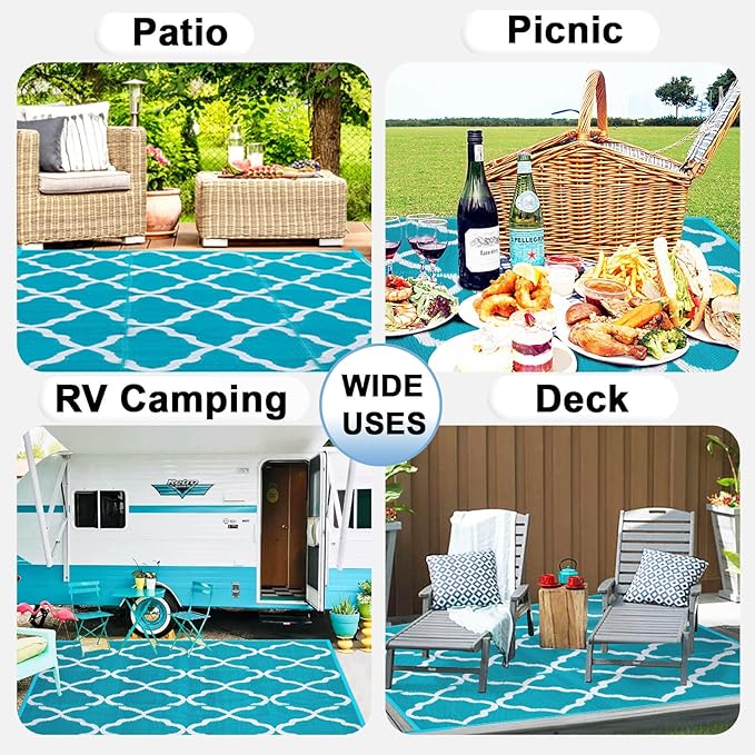 OutdoorLines Outdoor Plastic Area Rugs for Patio 5x8 ft - Reversible Outside Carpet, Stain & UV Resistant RV Mats, Straw Rug for Camping, Deck Garden, Porch and Balcony, Moroccan Teal & Light Grey
