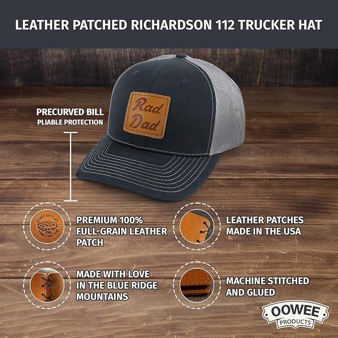 Leather Patch Hat for Men - Richardson 112 Trucker Hat w/Full-Grain Leather Patch, Laser-Engraved, Machine-Stitched