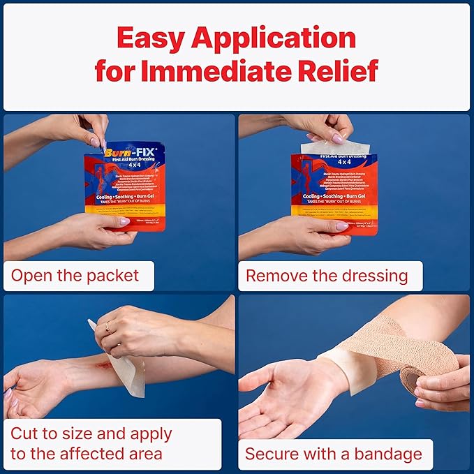 BurnFix® - 4 Pack-Burn Gel Dressing 4 x 4" Burn Care Cream First Aid Treatment. Immediate Pain Relief Hydrogel Burn Dressing for 1st, 2nd Degree Burns, Razor & Sunburns for Home, Work, Fire, EMS