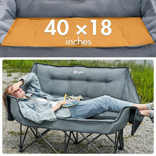Portal Double Camping Chair, 2 Person Folding Loveseat for Adults, Padded Cushion Camp Lawn Love Seat with Side Pocket Portable Couch, Two Person Heavy Duty Wide Chairs with Cup Holder, 600 lbs