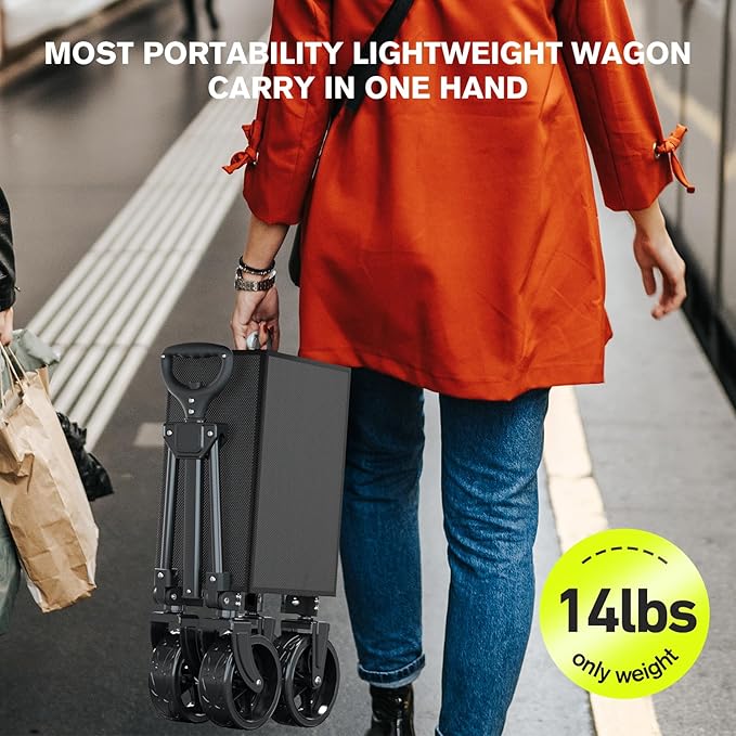 Foldable Collapsible Wagon Cart with 150L Large Capacity, Utility Beach Wagons Carts Heavy Duty, Portable Folding Wagon with All-Terrain Wheels for Grocery Gardening Sports Shopping Fishing (Black)