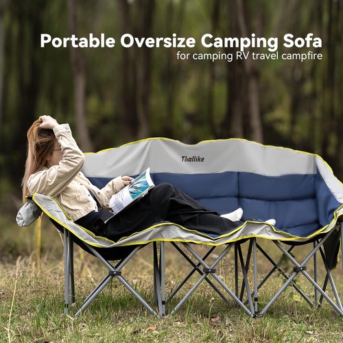 Thallike Double Camping Chair – 2-3 Person Outdoor Folding Sofa with Cup & Wine Glass Holders – Oversized Loveseat Camping Couch for Campfire, RV, Backyard – Supports Up to 660 lbs