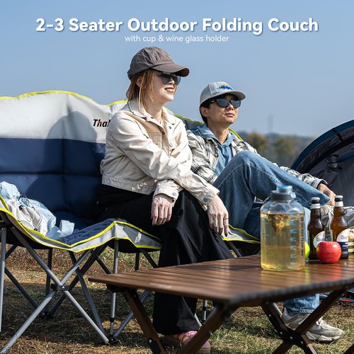 Thallike Double Camping Chair – 2-3 Person Outdoor Folding Sofa with Cup & Wine Glass Holders – Oversized Loveseat Camping Couch for Campfire, RV, Backyard – Supports Up to 660 lbs