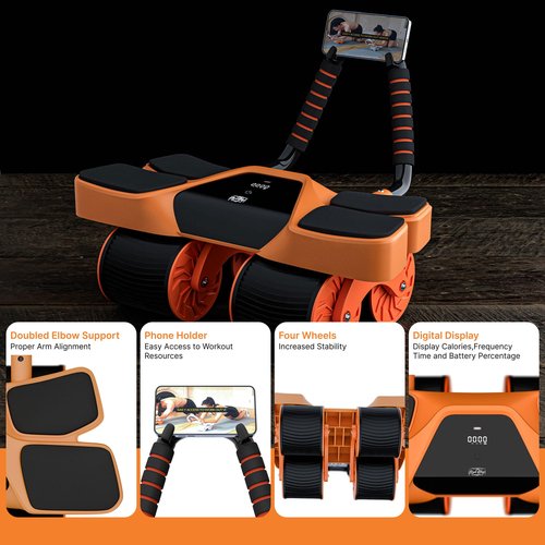 Royal Blaze 2025 New 4-Wheel Abdominal Roller with Elbow Support : Latest Upgraded High-Performance Exercise Machine With Automatic Rebound, Multi- layered Anti-Slip Design with Calorie Counting LCD Screen (Orange & Black)