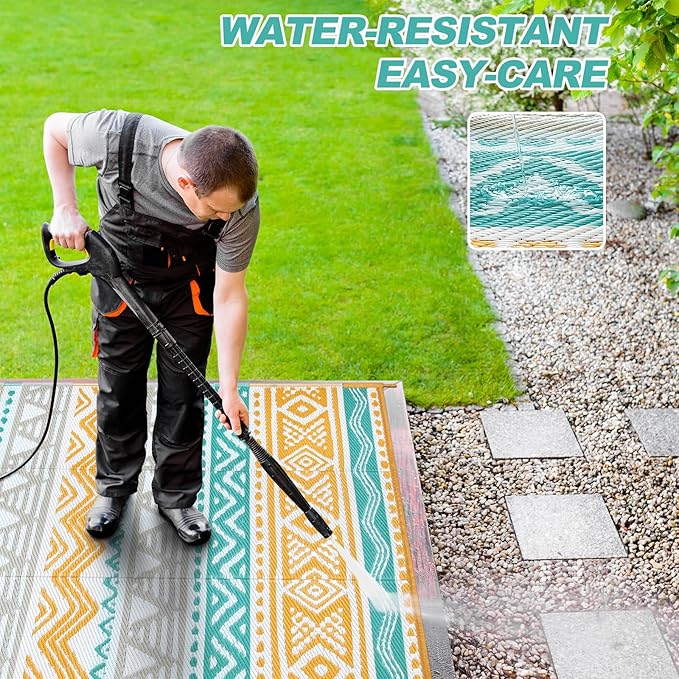 Lahome Waterproof Outdoor Rug 9x12, Reversible Outdoor Plastic Straw Rug for Patio, RV Camping Rugs Picnic Mat Outside, Large Outdoor Carpet for Beach Deck Backyard(Blue/Yellow,9'x 12')