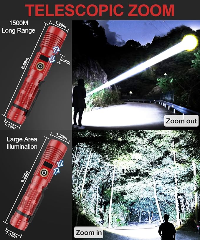 Rechargeable Flashlight High Lumens-12000LM Super Bright Magnetic Flash Light with Power Digital Display,3280Ft Long Range,Dimmable,Waterproof,Pocket LED Flashlights for Emergency Camping 2PC Red